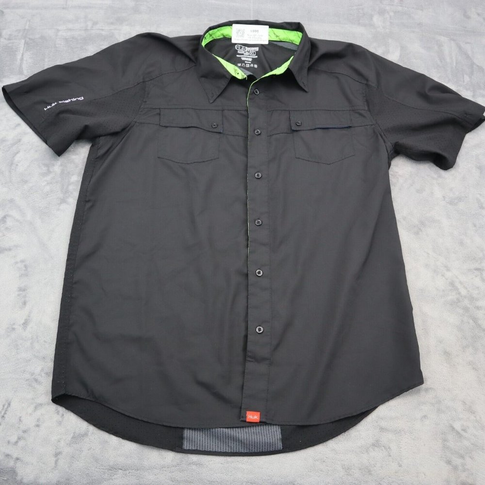 HUK Shirt Mens XL Black Short Sleeve Collared Button Up Performance Casual Wear